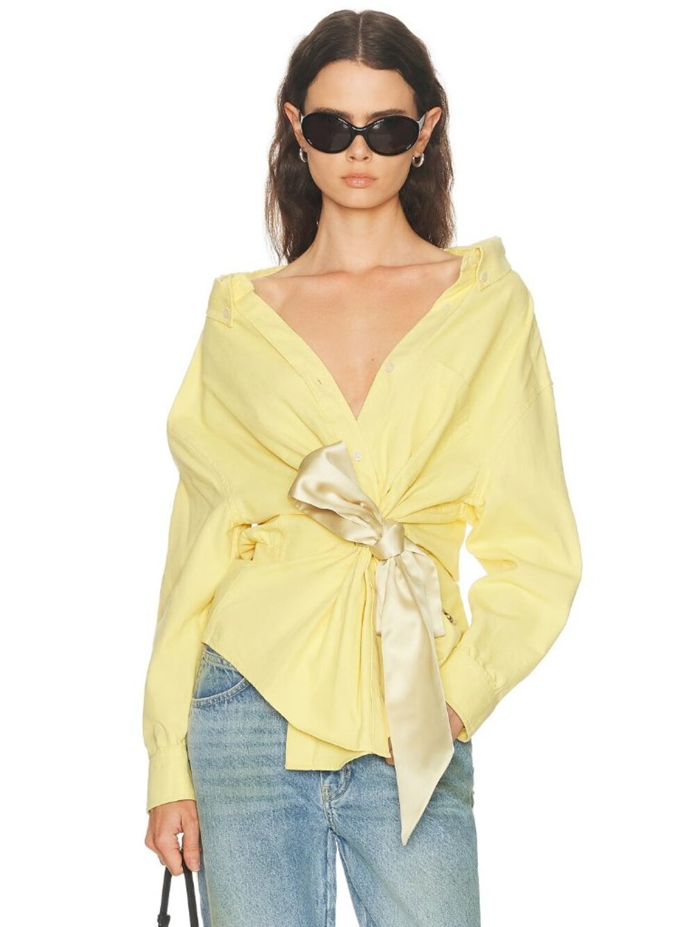 AREA Satin Knot Oxford Shirt in Light Yellow